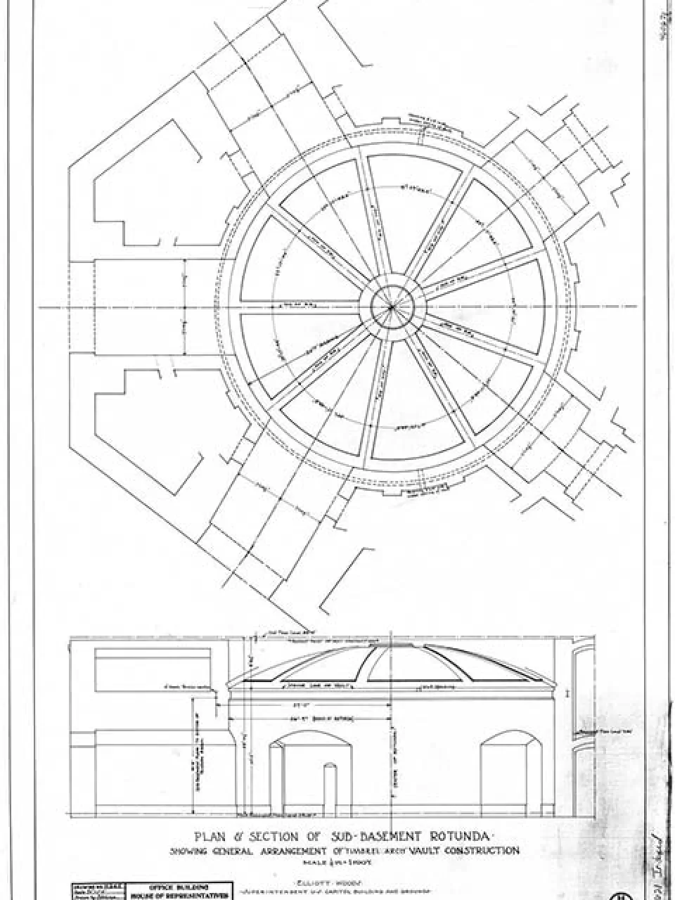 July 1905 section drawing showing the general arrangement of the “timbrel arch” vault construction, which has been preserved in the AOC’s archival collection.